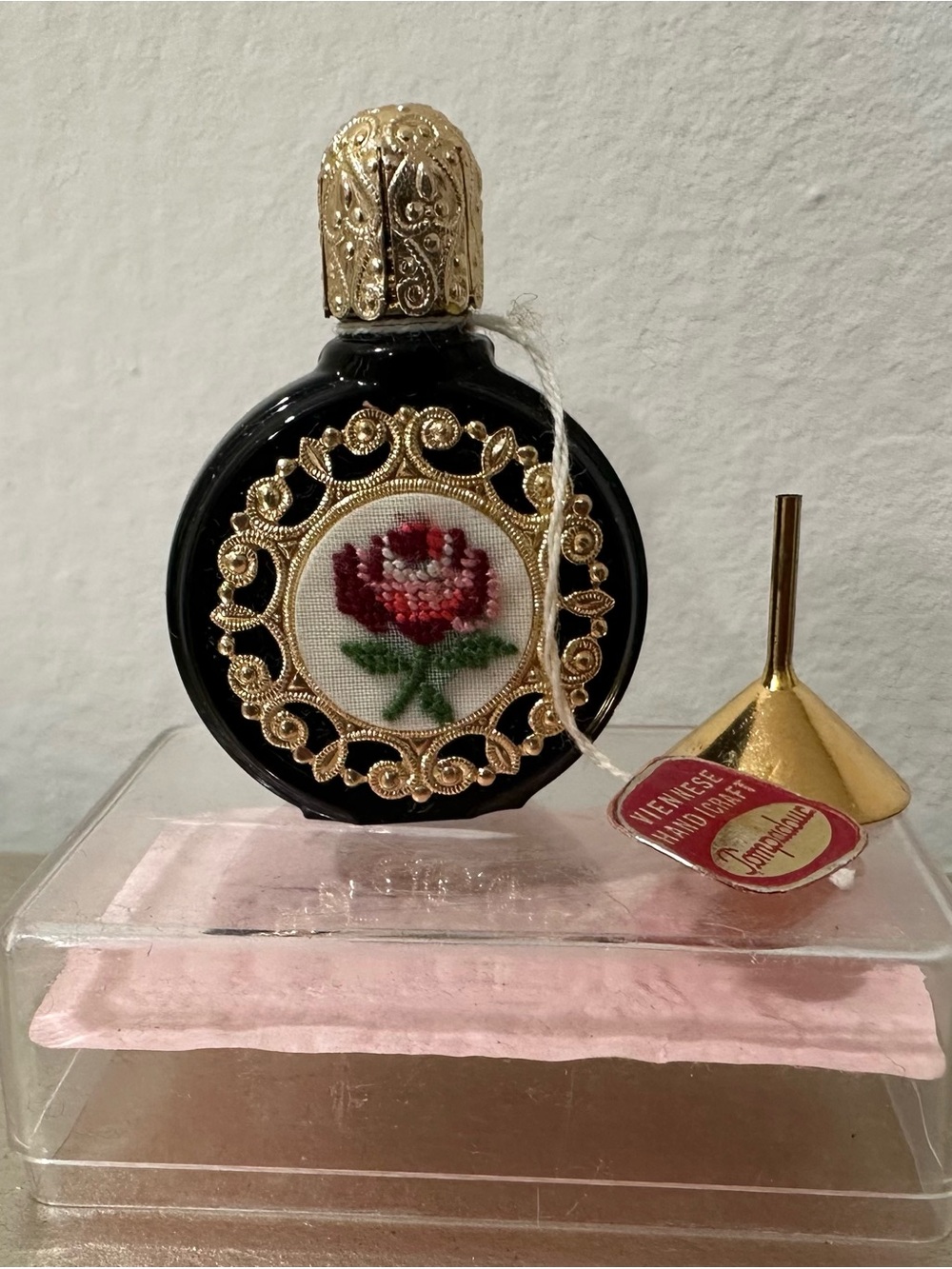 Vintage Pompadour Petit Point Perfume Bottle, 1950s Austrian Filigree